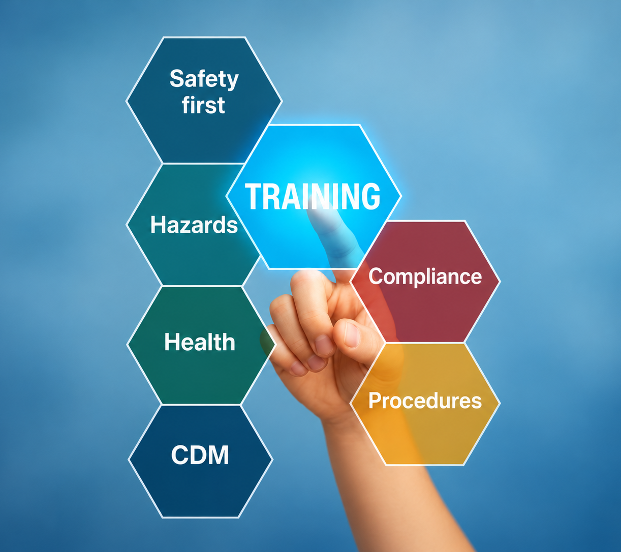 Training Hand touching a training hexagon surrounded by safety, hazards, health, compliance, procedures and CDM topics.