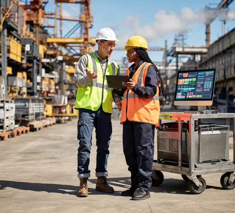 Retainer Services Two safety professionals discuss site safety beside monitoring equipment at an industrial site.