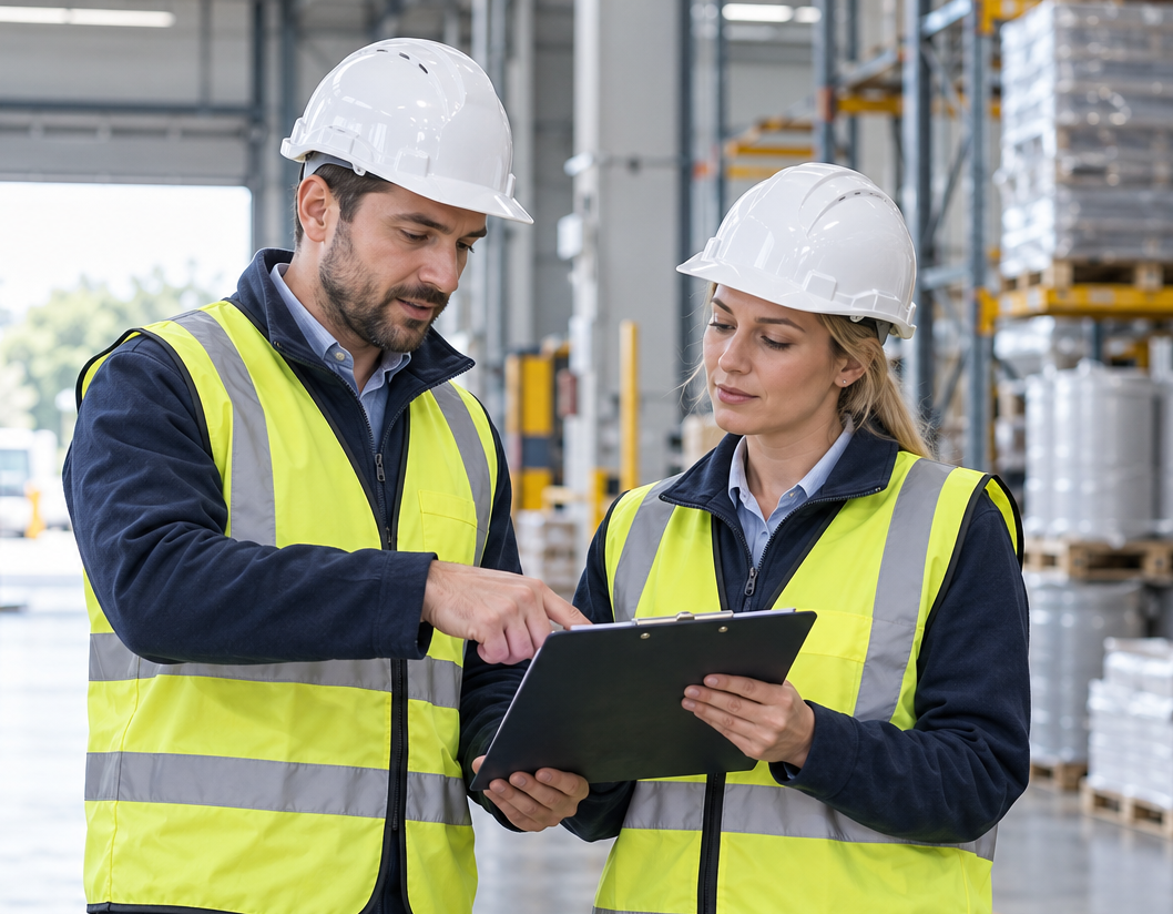 Health and Safety Consultancy Two safety professionals wearing hard hats and high-visibility vests review a clipboard in a warehouse.